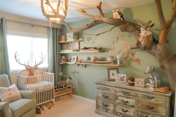 A woodland creature-themed nursery with deer and owl decor, tree branch shelves, and a nature-inspired color scheme