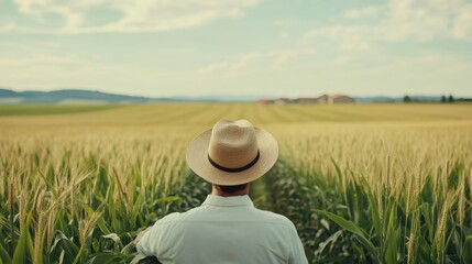Farmer in a straw hat observing the progress of his crops from the edge of a flourishing cornfield, peaceful ambiance with distant farm buildings visible in the background