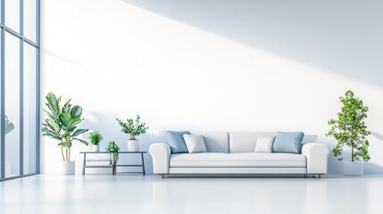 Visual representation of air circulation in modern home, Modern living room with white sectional sofa and a view of a swimming pool.