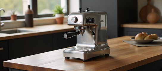 Fototapeta premium Italian metallic espresso machine on rustic wooden tabletop for home use mocha coffee pot