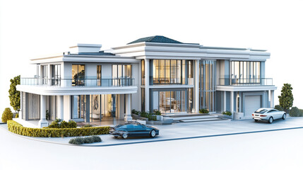Modern House With Staircase Leading Up, Modern two-story house with solar panels on a white background.