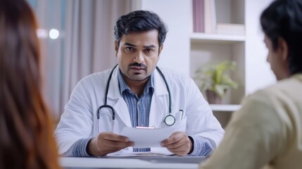 Indian doctor reviewing notes with a patient, seated in a comfortable office, natural lighting, soft colors in the blurred background