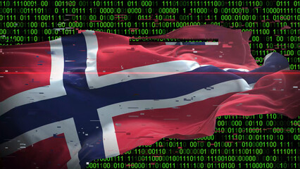 Binary code on flag of Norway. Program source code or Hacker concept on Norwegian flag. Norway...