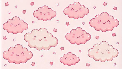 Obraz premium Cute cartoon clouds with smiling faces and pink background for children’s design and decorations 