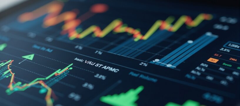 A graph-filled dashboard with blue orange and green stock market data