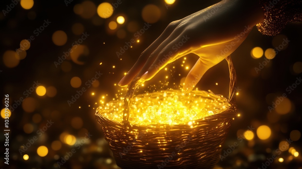 Canvas Prints A hand reaches into a glowing basket, releasing sparkling golden dust