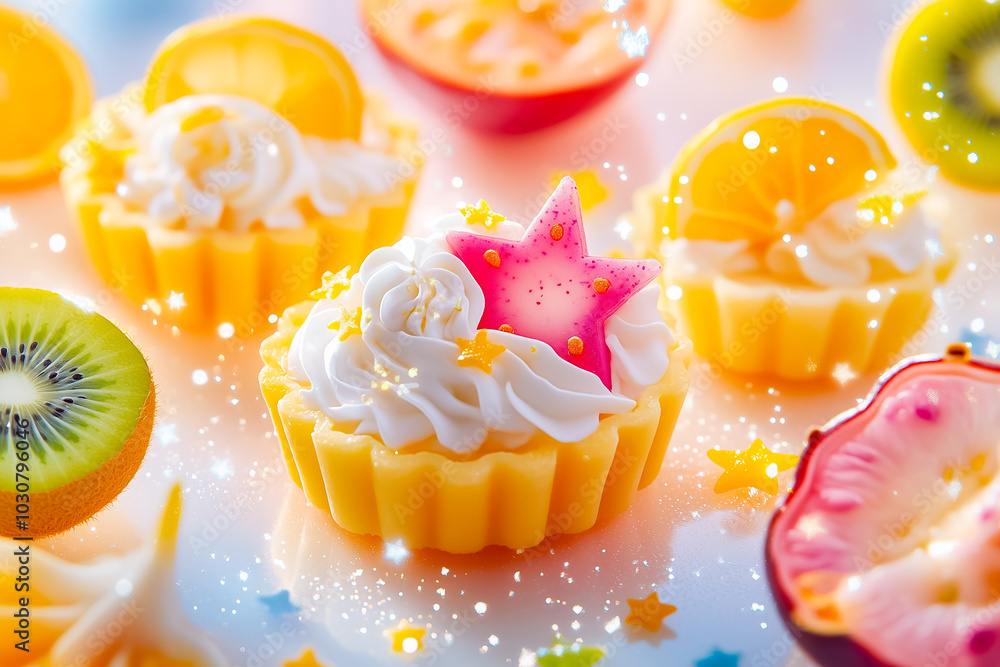 Poster small lemon tarts are adorned with fluffy cream and topped with vibrant fruits, creating a visually 