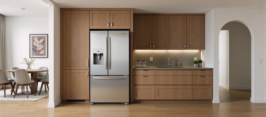 Modern kitchen interior Hardwood floors stonewood cabinetry appliances