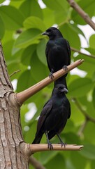 Fototapeta premium A pair of birds with one leaning on an extended branch