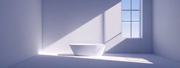 Fototapeta premium A tranquil bathroom retreat featuring a modern white bathtub with natural lighting, a soft rug, and lush greenery for a serene atmosphere