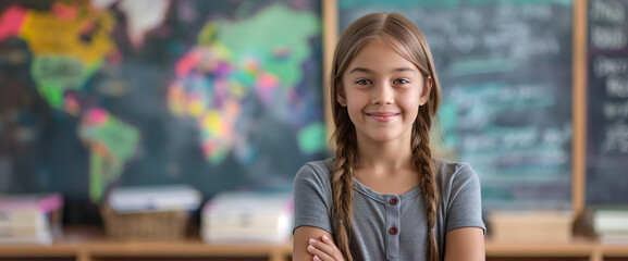 Confident Schoolgirl in Classroom with World Map and Chalkboard Background