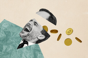 Composite photo collage of happy businessman scream dollar coin income earnings cut head jar...