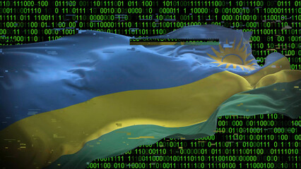 Binary code on flag of Rwanda. Program source code or Hacker concept on Rwandan flag. Rwanda digital technology security, hacking or programming