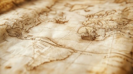 An old, worn map of the world with rich sepia tones and hand-drawn illustrations of ancient seas and ships, zoomed in on one corner, showing the artistry of old cartography with blank copy space