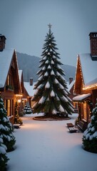 Fototapeta premium Winter Christmas village bathed in gentle snowfall and twinkling lights