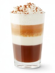 Layers of deliciousness in a glass featuring coffee, milk, and whipped cream served in a cozy café