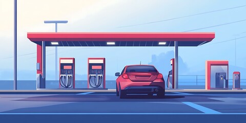 A red colored privet car stops for oil  at the petrol pump