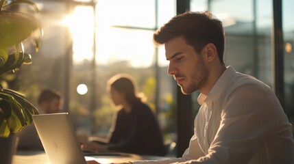 Young man with short dark hair and light stubble, sitting at a laptop in a modern office, natural daylight streaming through a large window, blurred background with colleagues working