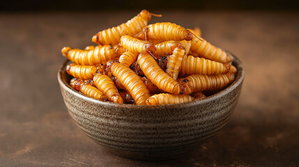 Crispy bamboo worms, or edible bamboo caterpillars, served in a traditional ceramic bowl. Insects as a protein-rich food source