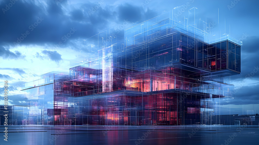 Poster futuristic architectural design with transparent structures and lighting.