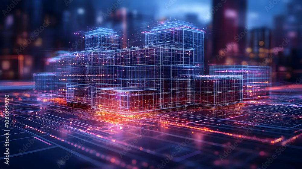 Poster digital representation of a futuristic urban building structure.