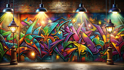 Naklejka premium Vibrant urban graffiti art with lamps and dynamic colors in a contemporary street setting