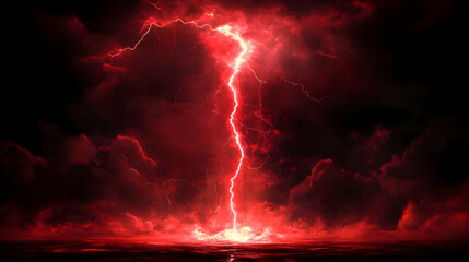 A dramatic red lightning strike illuminating dark stormy clouds.