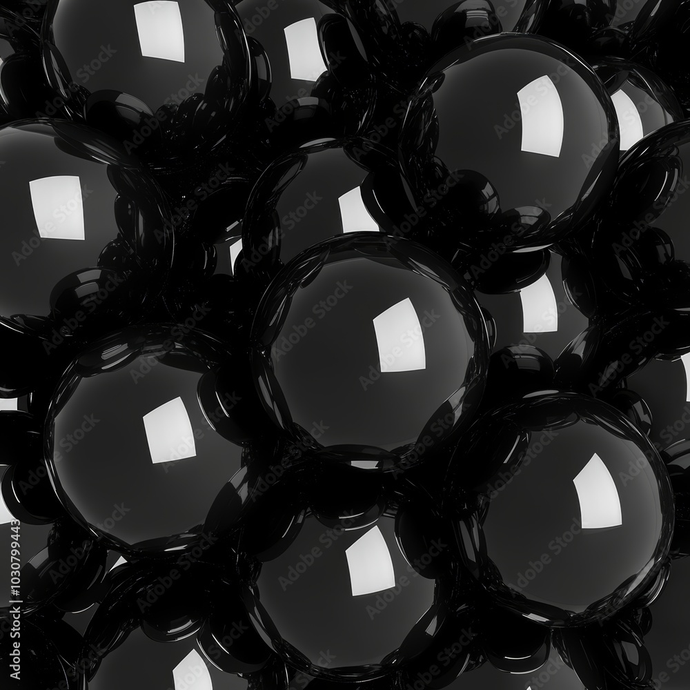 Poster Abstract black spheres clustered together creating a glossy, reflective surface.