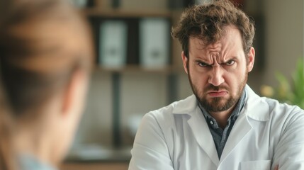 Fototapeta premium Angry and furious doctor in a white coat frowning at a patient in an office with daylight, blurred furniture in the background