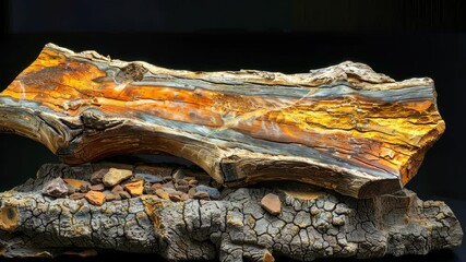 A petrified wood log with a beautiful golden and gray pattern sits on a rough, cracked base