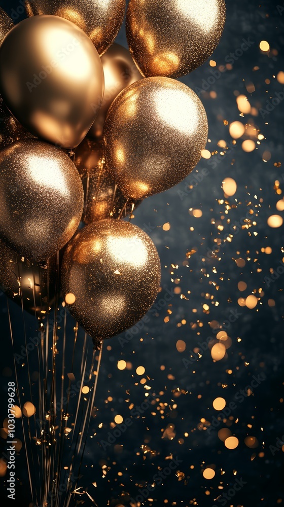 Poster a cluster of shimmering gold balloons with sparkling confetti background.
