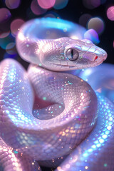 Fototapeta premium The snake displays iridescent scales that reflect light in shades of pastel pink and blue. Its graceful form coils gently, with striking eyes that add a captivating element to its appearance.
