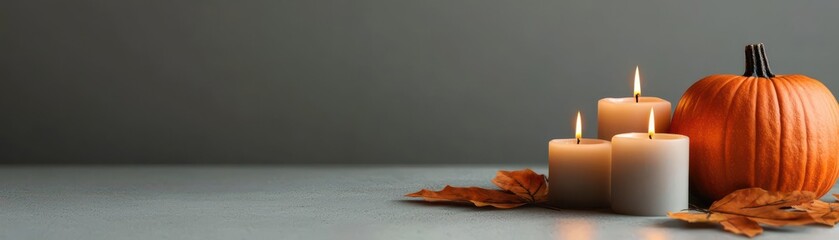 Halloween pumpkin surrounded by candles and autumn leaves, spooky decor, festive celebration