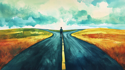 A split road with one person standing at the crossroads, debating two choices, watercolor style, calm yet tense atmosphere, symbolic of life choices