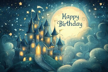 Whimsical Fairy Tale Birthday Card Design with Magical Castle and Twinkling Stars