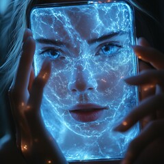 Face framed by phone with luminous blue patterns