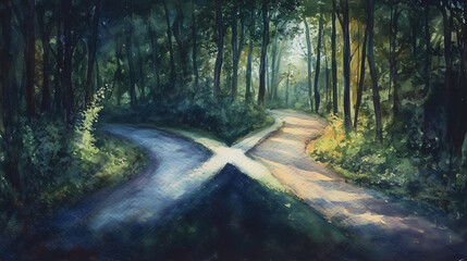 Two roads diverging in a dense forest, one path covered in shadow, the other bathed in light, symbolic of a hard decision, watercolor, moody colors