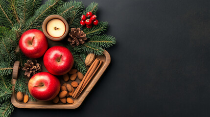 Flat-lay of a holiday-themed wooden tray, featuring fresh apples, walnuts, almonds, and green pine branches. The tray sits on a textured dark surface, with accents like cinnamon st