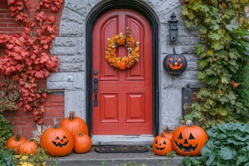 Obraz premium Halloween pumpkin decorations. Pumpkin for decorated house. Halloween Decorated at front yard of a American home. Halloween decorated front door with pumpkins.with generative ai