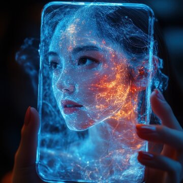 Magical overlay of glowing network on woman's face