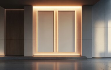 A visually striking 3D design of an exhibition room showcasing two blank vertical posters against an illuminated wall