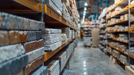 Fototapeta premium A blurred view of numerous modern ceramic tiles displayed on shelves in a home construction products hypermarket