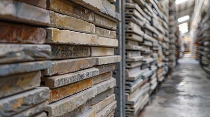 A blurred view of numerous modern ceramic tiles displayed on shelves in a home construction products hypermarket