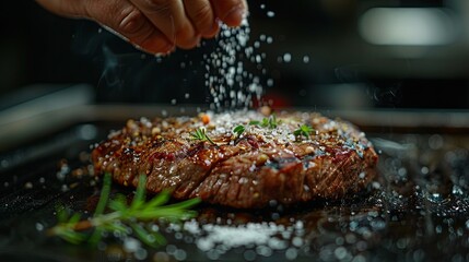 A chef sprinkles salt on a meat steak by hand before grilling, embodying the hotel or restaurant service concept against a black background, providing space for advertising and highlighting the meat 