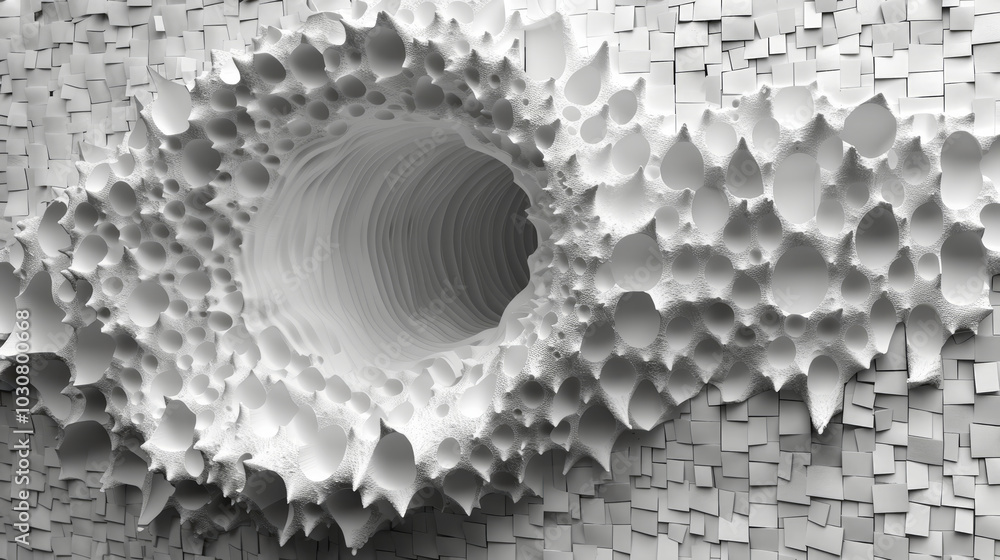 Poster the artwork features an intricate white texture displaying small, square patterns surrounding a holl