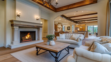 Fototapeta premium Cozy living room interior with a fireplace, comfy sofa, living room interior with fireplace.