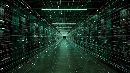 A vast data center features rows of servers illuminated by green lights, creating a dynamic atmosphere. The intricate lines suggest a digital network, evoking a high-tech vibe during twilight.
