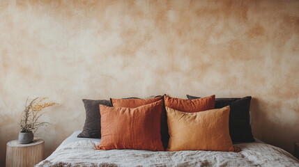 A mid-century modern bedroom with geometric wallpaper in soft peach and gold tones, Photo interior modern design room 3d illustration.