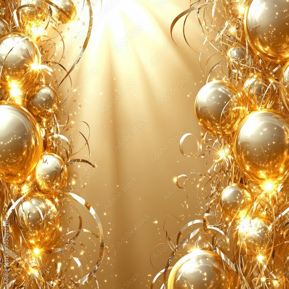 Poster a festive display of golden decorations and sparkles, creating a joyful atmosphere.