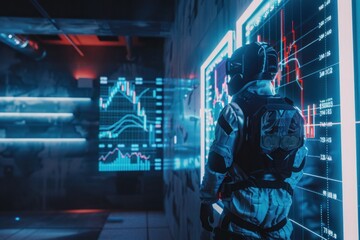 An individual wearing a high-tech exosuit studying cryptocurrency charts projected onto the walls of a futuristic underground bunker, photo